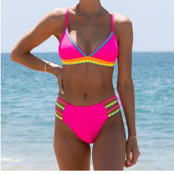 Vibrant Color Block Triangle Cut out High Waisted Bikini Swimsuit - Picture 5 of 5